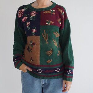 Vintage Skyr Green Burgundy Patchwork Leaf Floral Sweater Eclectic Grandpa L